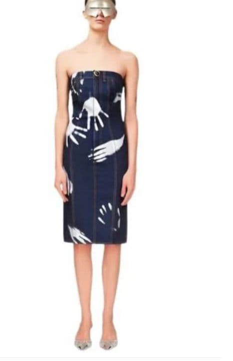 AREA STRAPLESS DENIM DRESS W/ HAND PRINTS - Image 1
