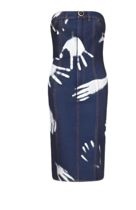 AREA STRAPLESS DENIM DRESS W/ HAND PRINTS - Image 2