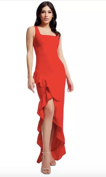 Dress the Population - Charlene Square Neck Sleeveless Cascading Ruffle Side Slit Gown - Image 3