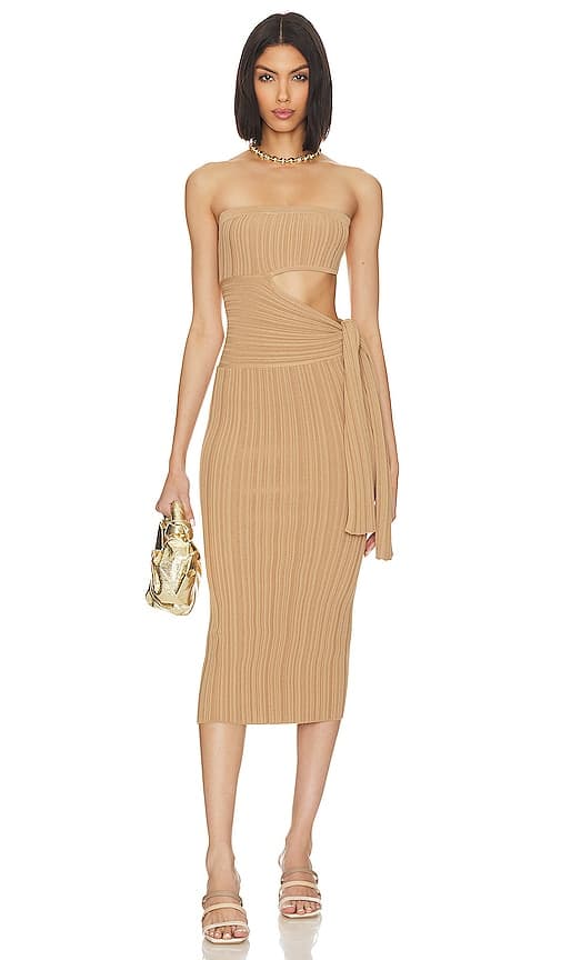 Katell Wrap Tie Midi Dress In Tan - Image 1