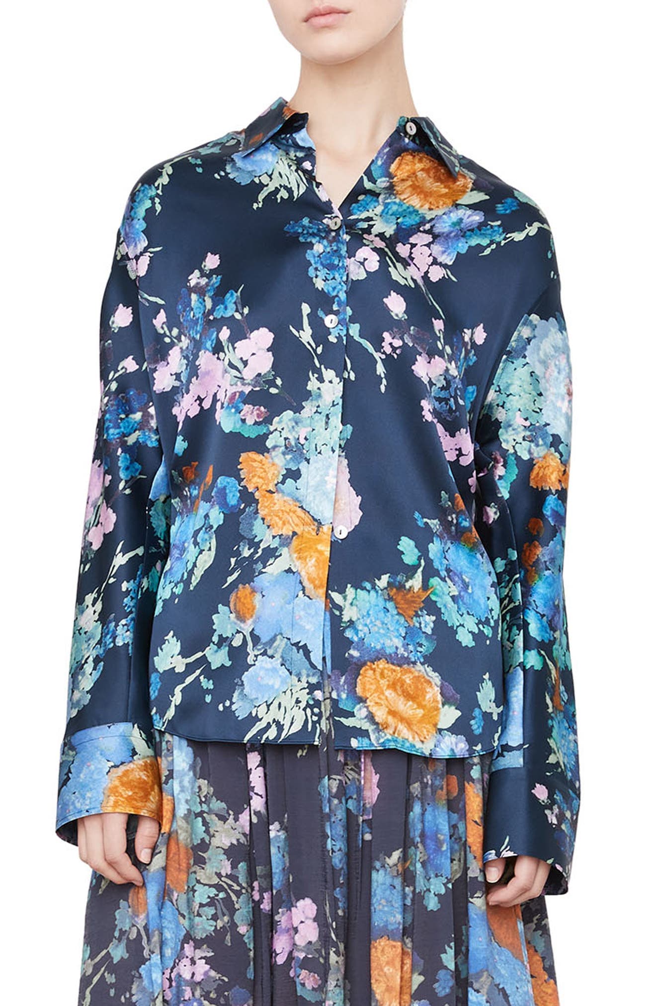 Painted Bouquet Long Sleeve Silk Button-Up Shirt - Image 2
