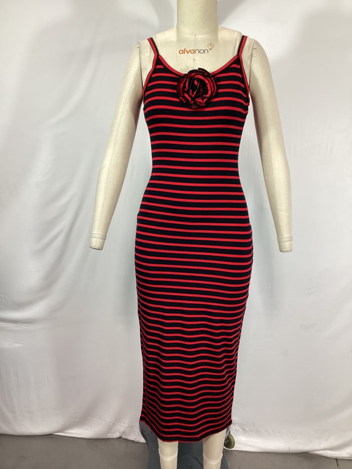 Carmen Midi Dress In Black & Red Stripe - Image 2