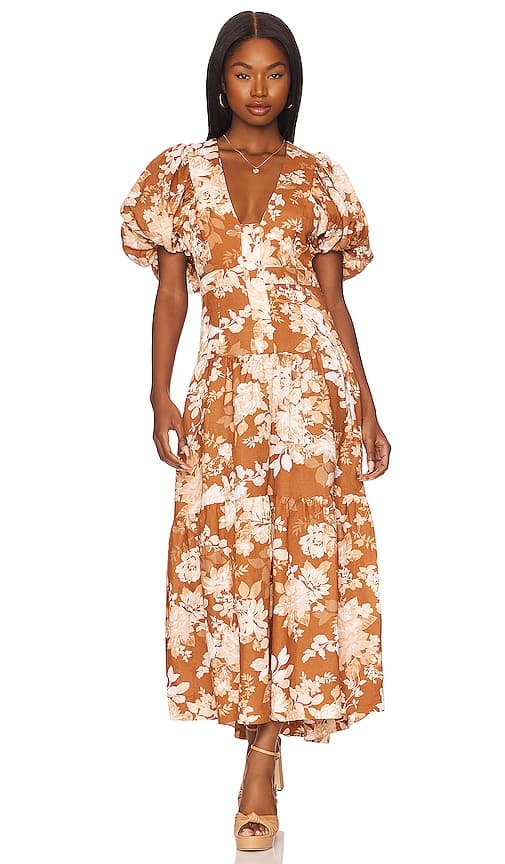 Capucine Plunged Short Sleeve Dress In Almond Multi - Image 1