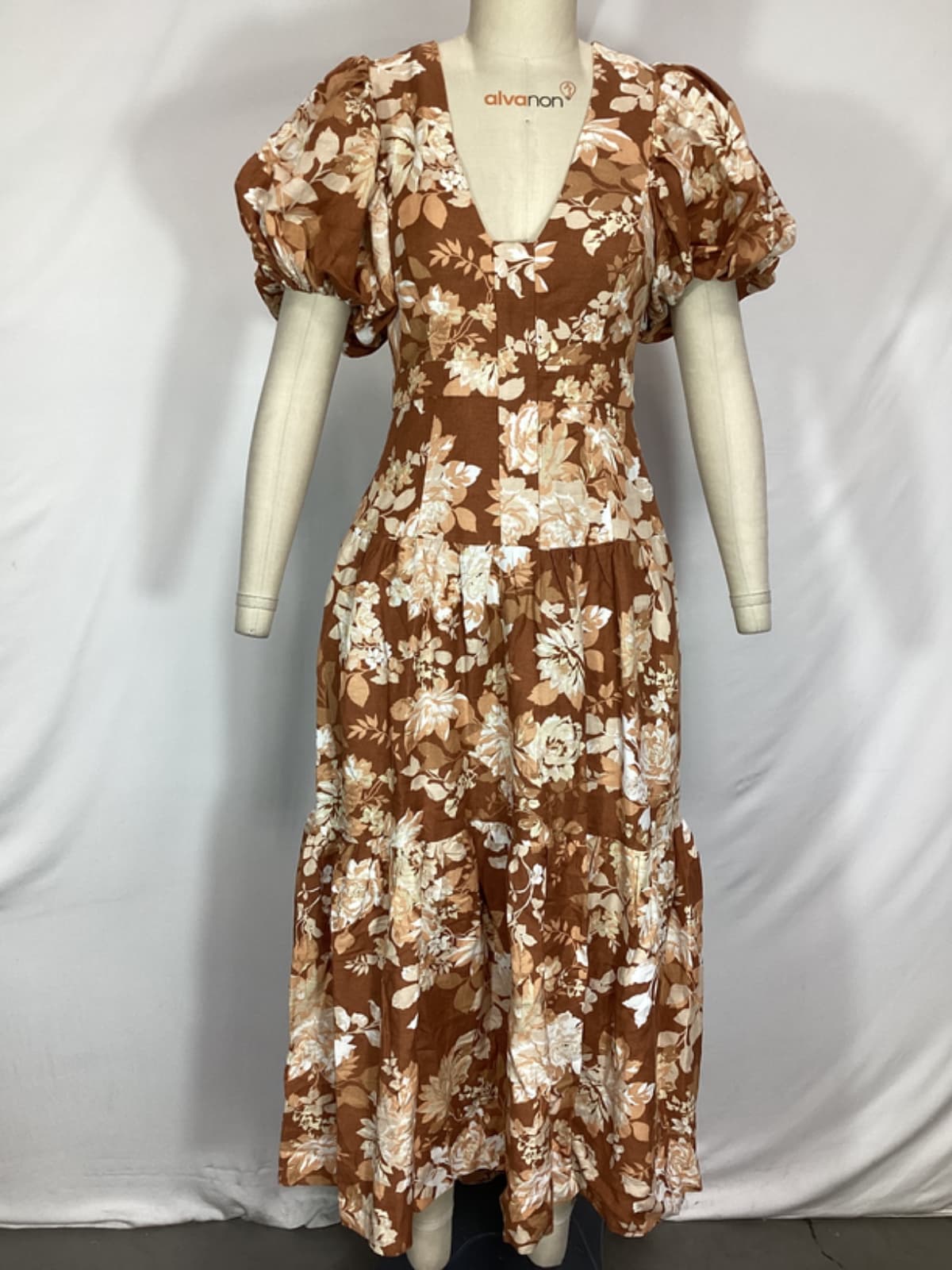 Capucine Plunged Short Sleeve Dress In Almond Multi - Image 4
