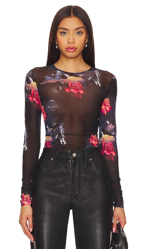 Gathered Mesh Blouse In Black - Image 1