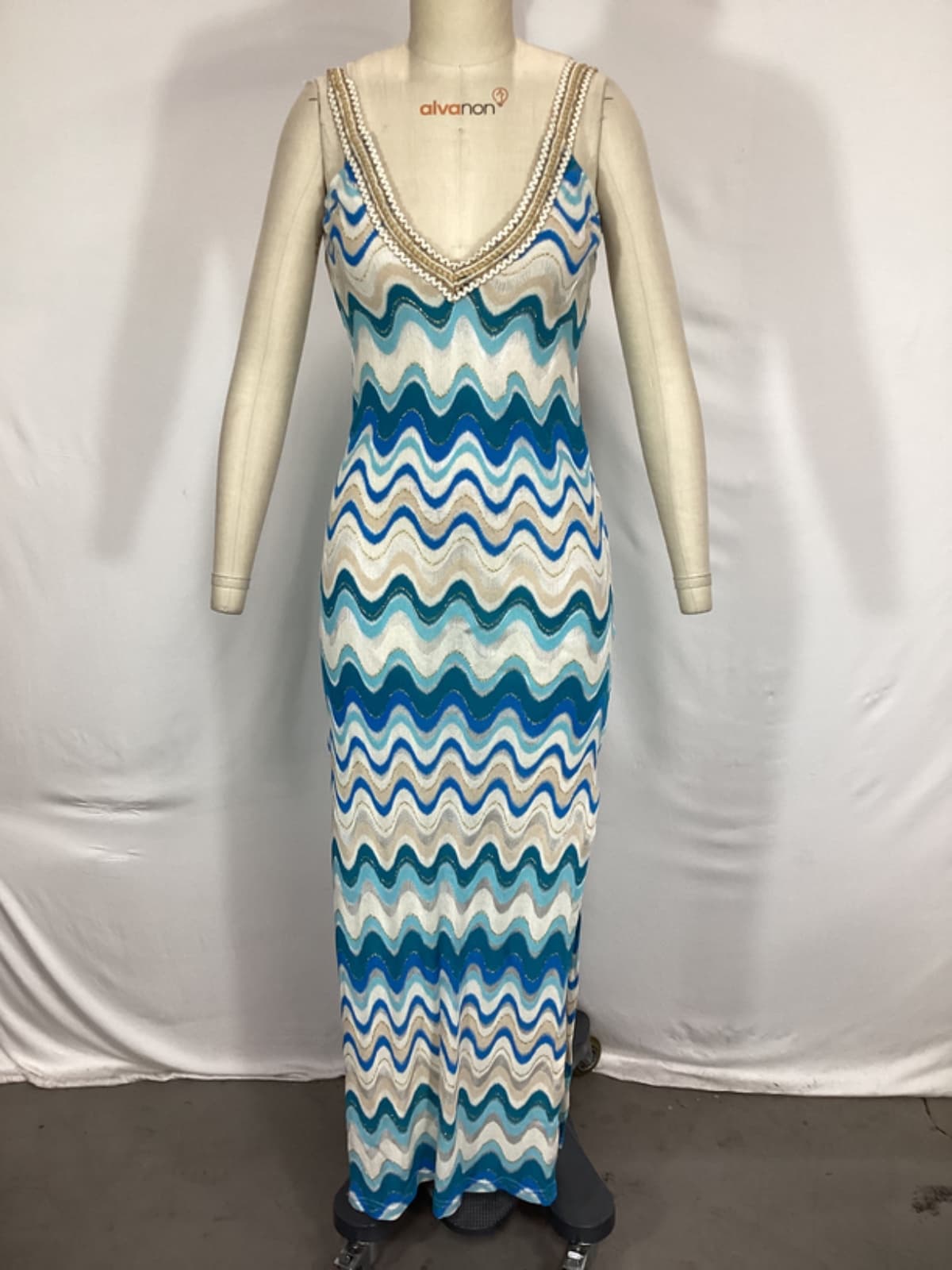 Gold Trim Maxi Dress In Aqua - Image 2