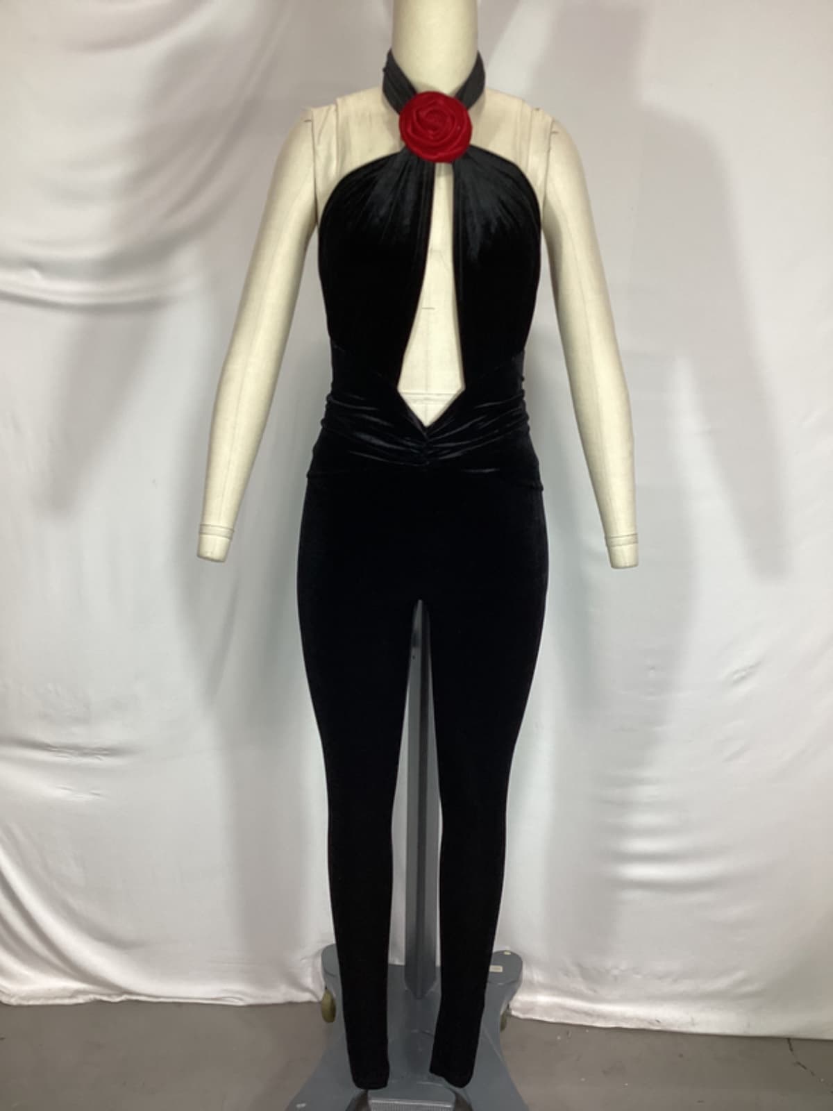Abreen Velvet Catsuit In Jet Black & Crimson - Image 3