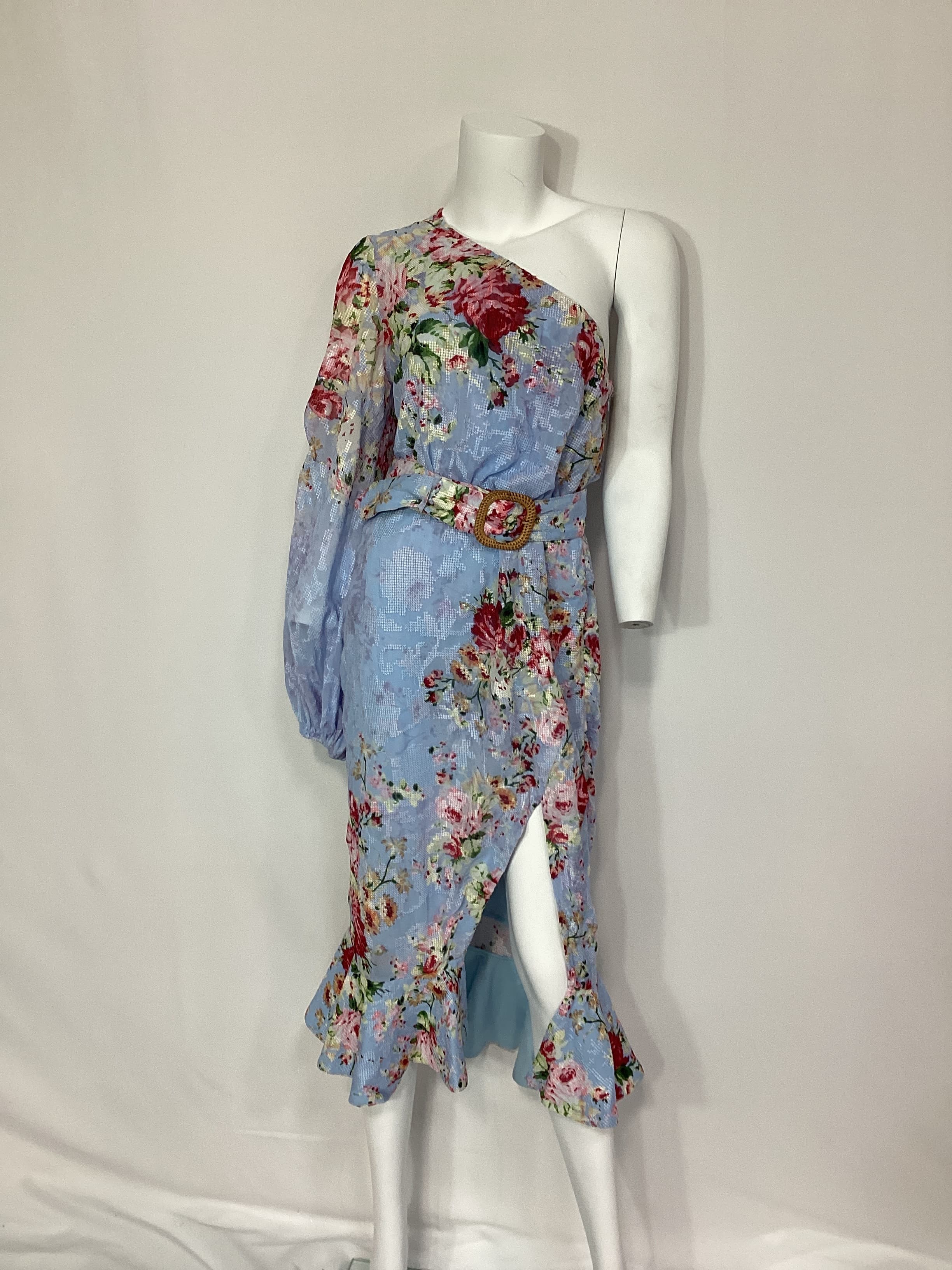 Midi Dress With Buckle Belt In Sky Blue - Image 3