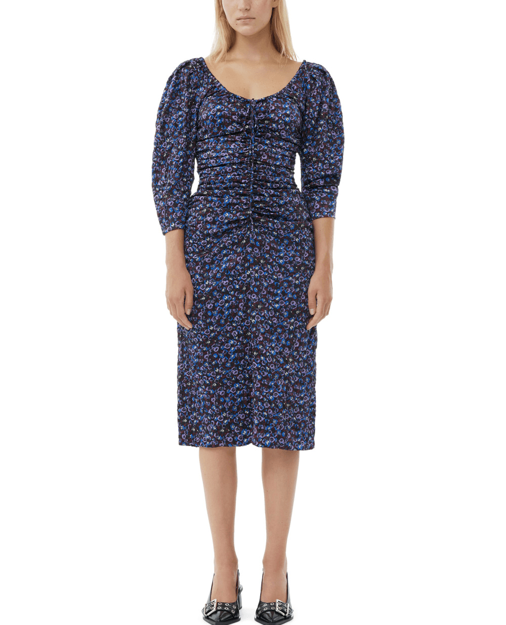 Floral Crinkled Satin U-Neck Midi Dress - Image 1