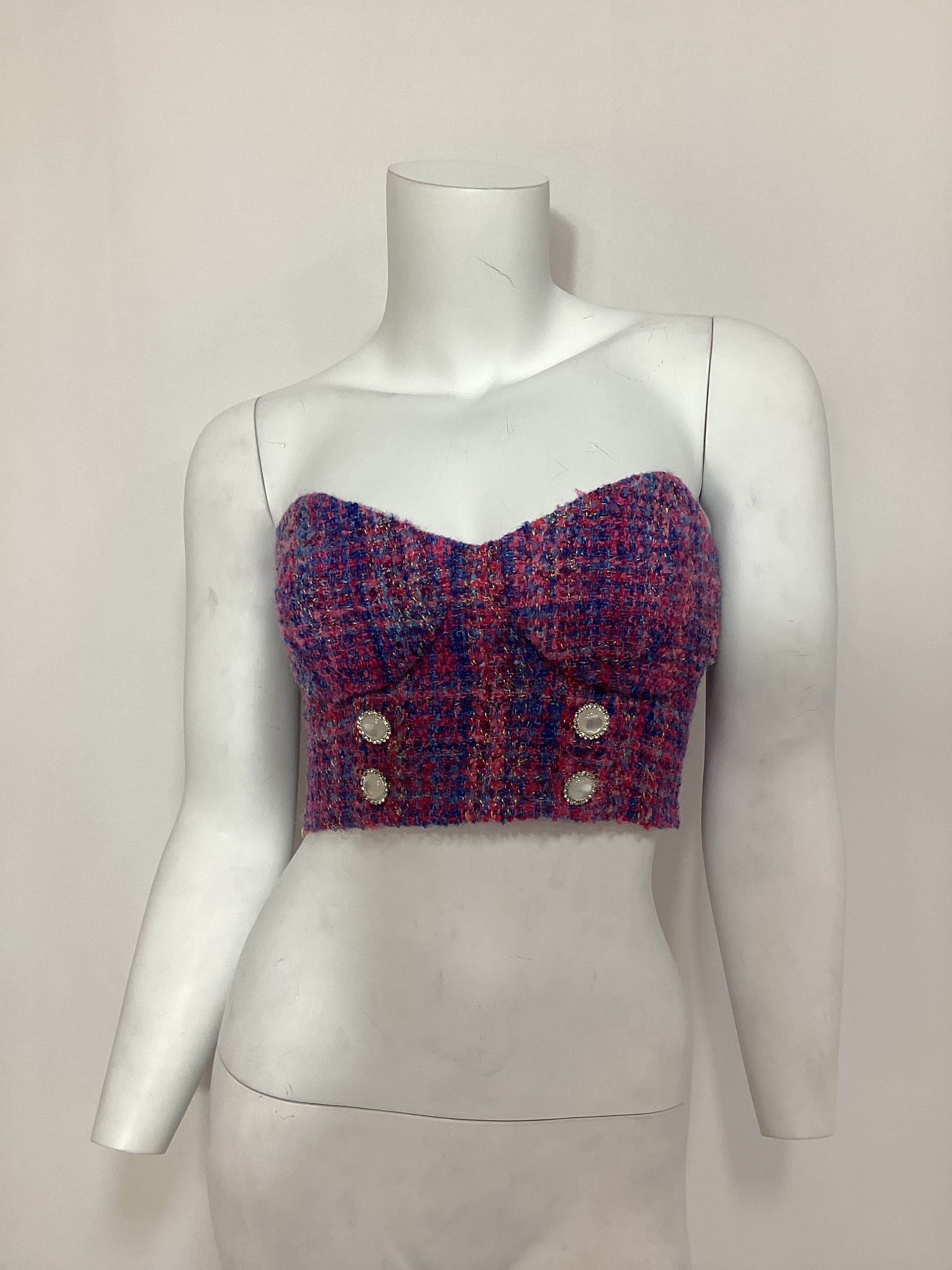 Marseille Bustier Top In Pink Berry Tweed - Image 2