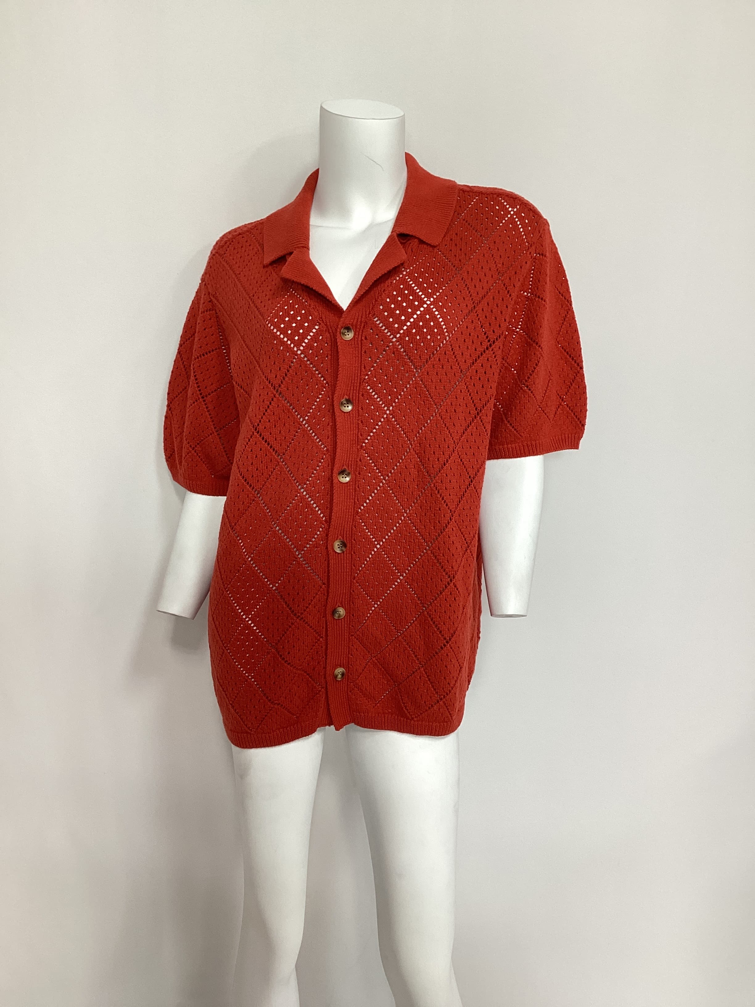 Open Knit Camp Shirt In Burnt Orange - Image 3