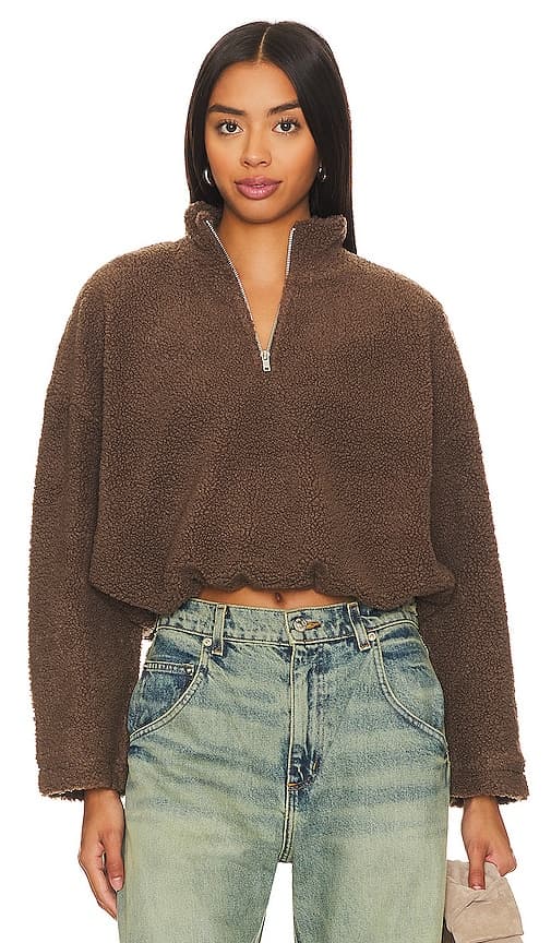 Sherpa Half Zip Pullover In Brown - Image 1