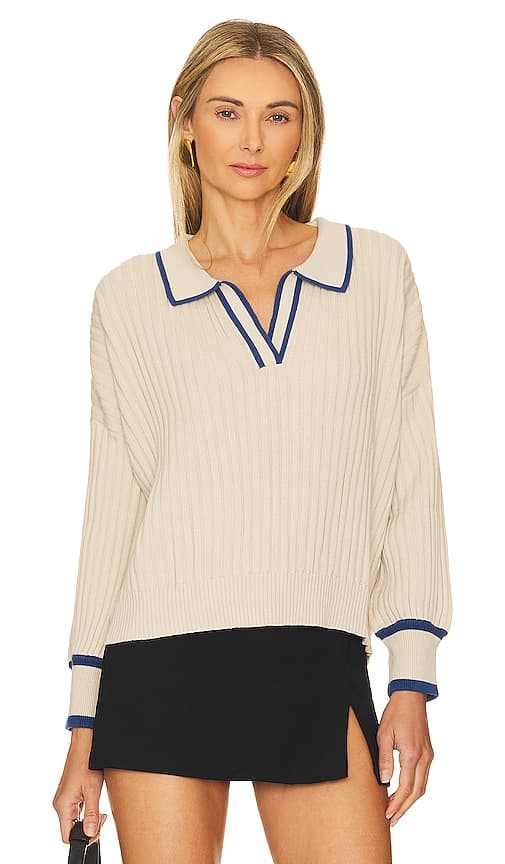 The Atalie Knit Top In Oatmeal Cobalt - Image 1