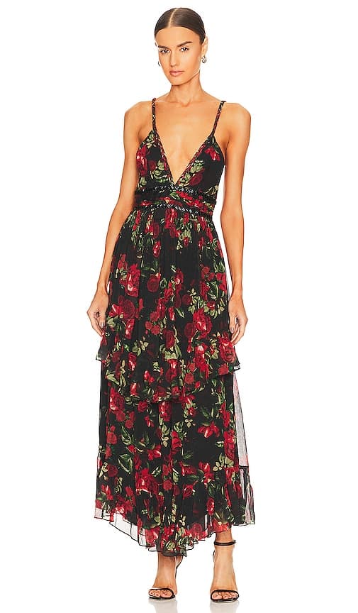 Maxi Dress In Black & Red Roses - Image 1
