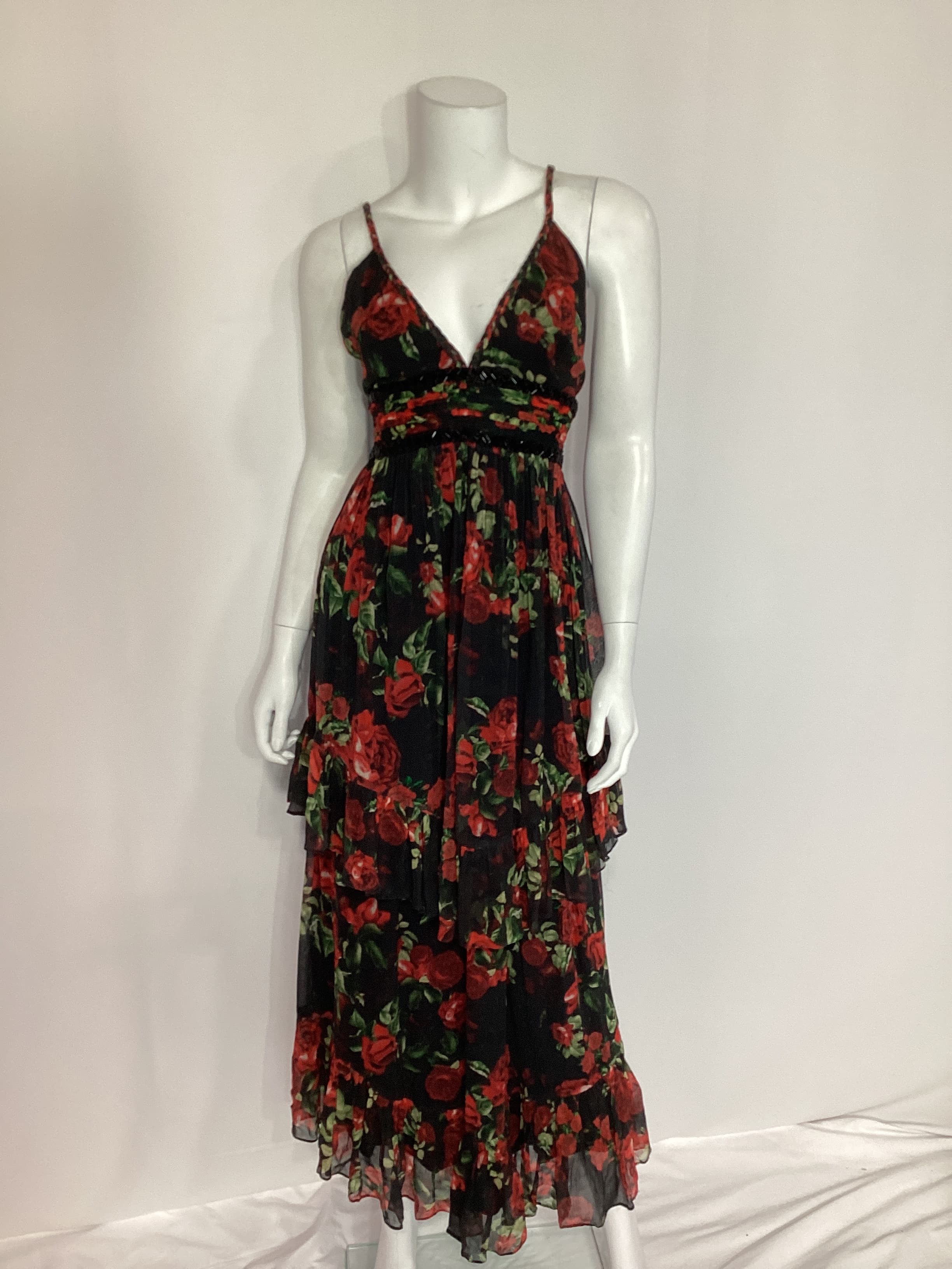 Maxi Dress In Black & Red Roses - Image 4