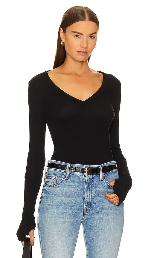 First Layered Cuffed V Top In Black - Image 1