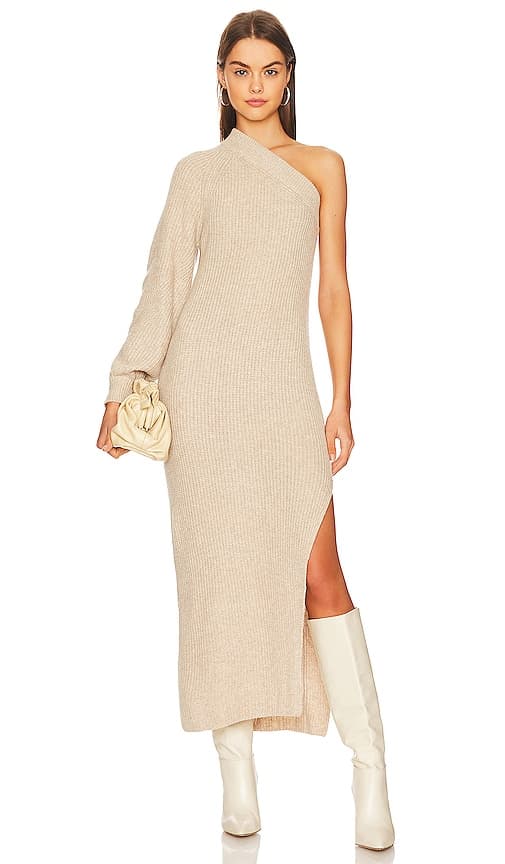 Feride One Shoulder Midi Dress In Oatmeal - Image 1