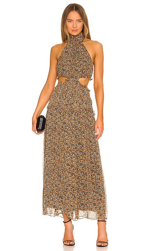 Paloma High Neck Cut Out Midi Dress In Olive Multi - Image 1
