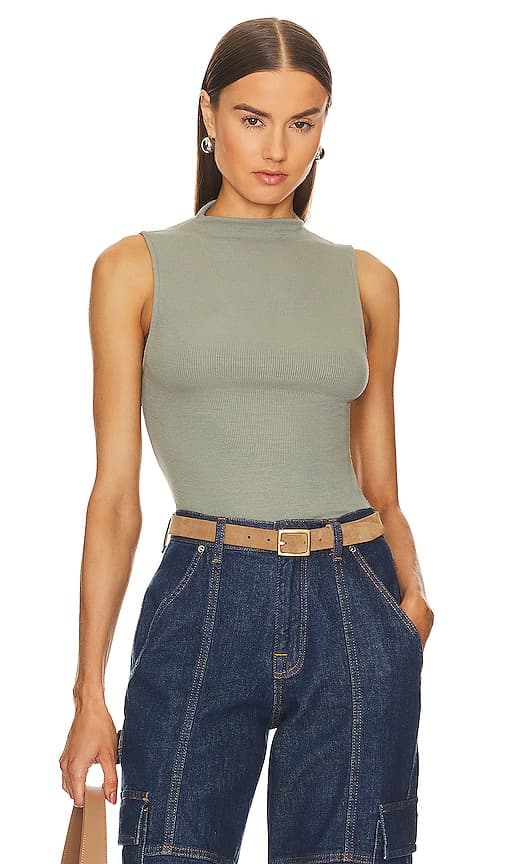Silk Knit Rib Sleeveless Mockneck In Alpine Frost - Image 1