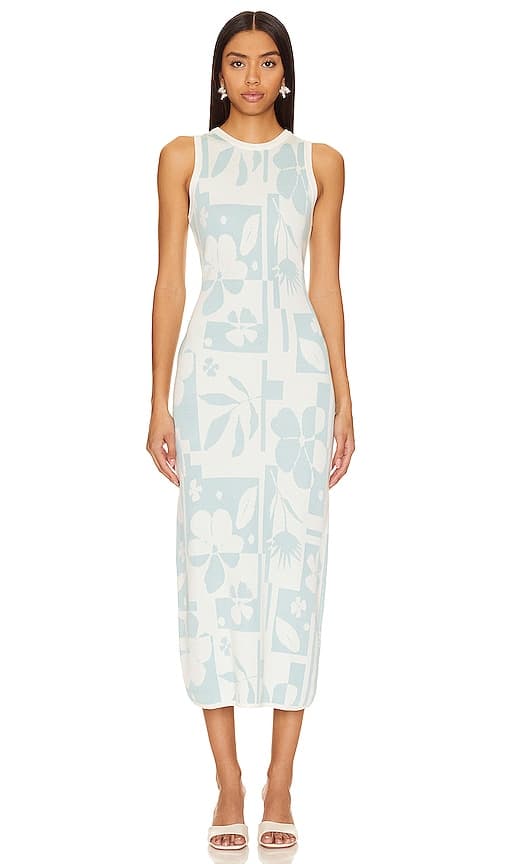 Lacy Midi Dress In White & Blue Floral - Image 1