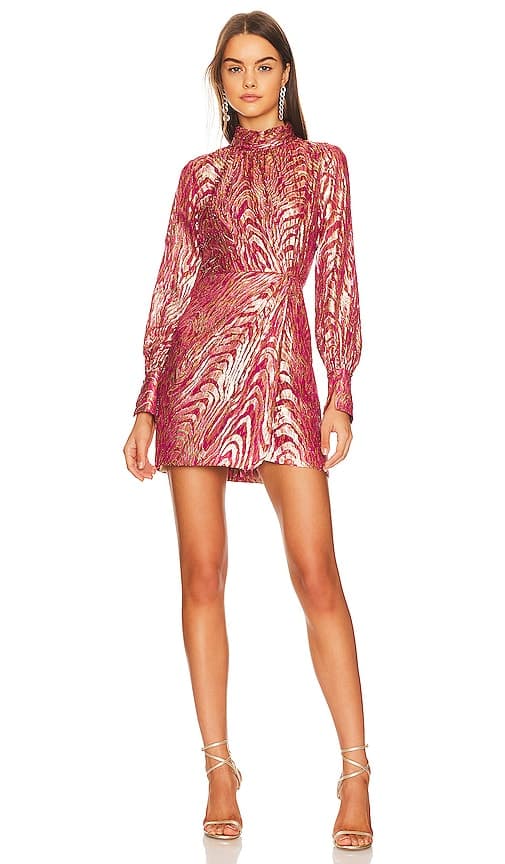 Halen Mock Neck Mini Dress In Bougainvillea Metallic Moire - Image 1
