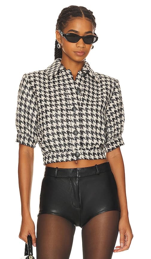 Cove Crop Top In Latte, Grey & Black Houndstooth - Image 1