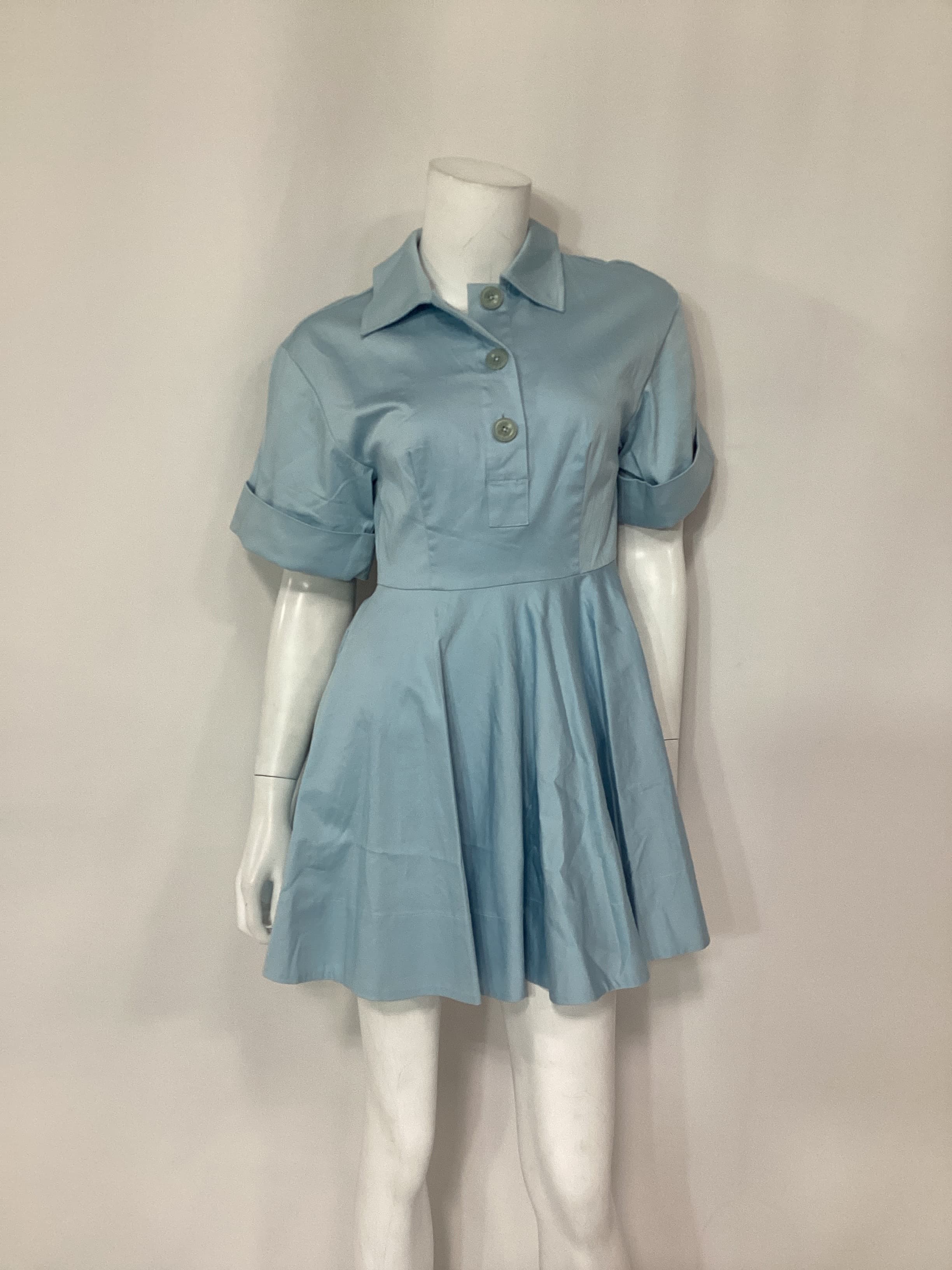 Stretch Cotton Sateen Shirt Dress In Blue - Image 3