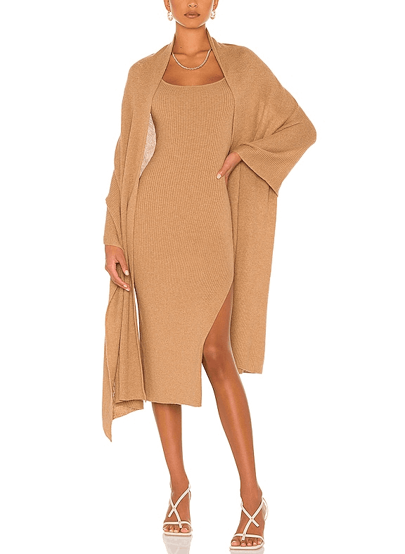 Salmah Dress With Detachable Shawl In Camel - Image 1