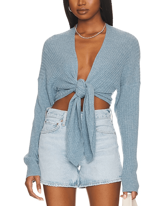 Tie Front Rib Cardigan In Faded Denim - Image 1