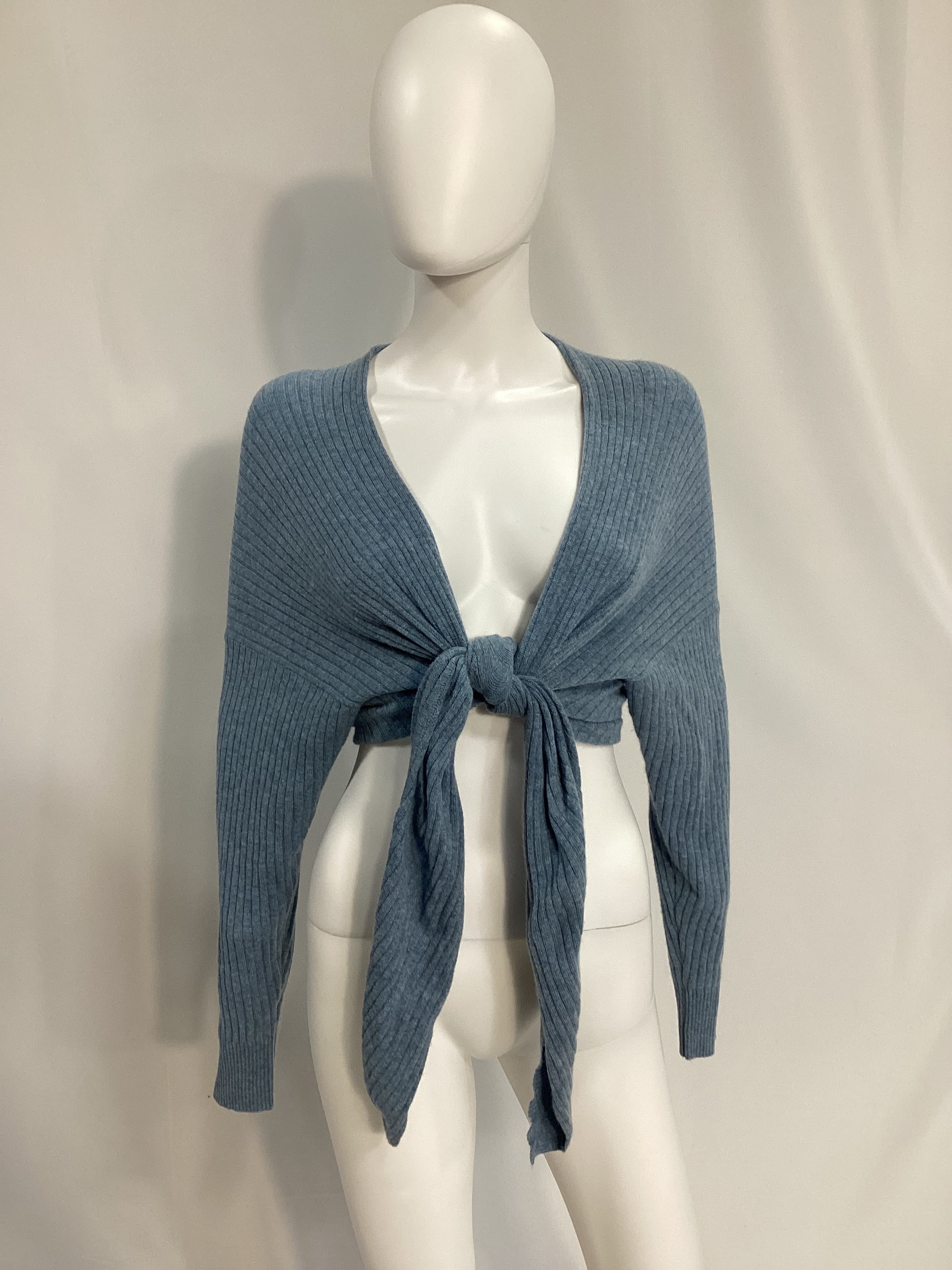 Tie Front Rib Cardigan In Faded Denim - Image 2