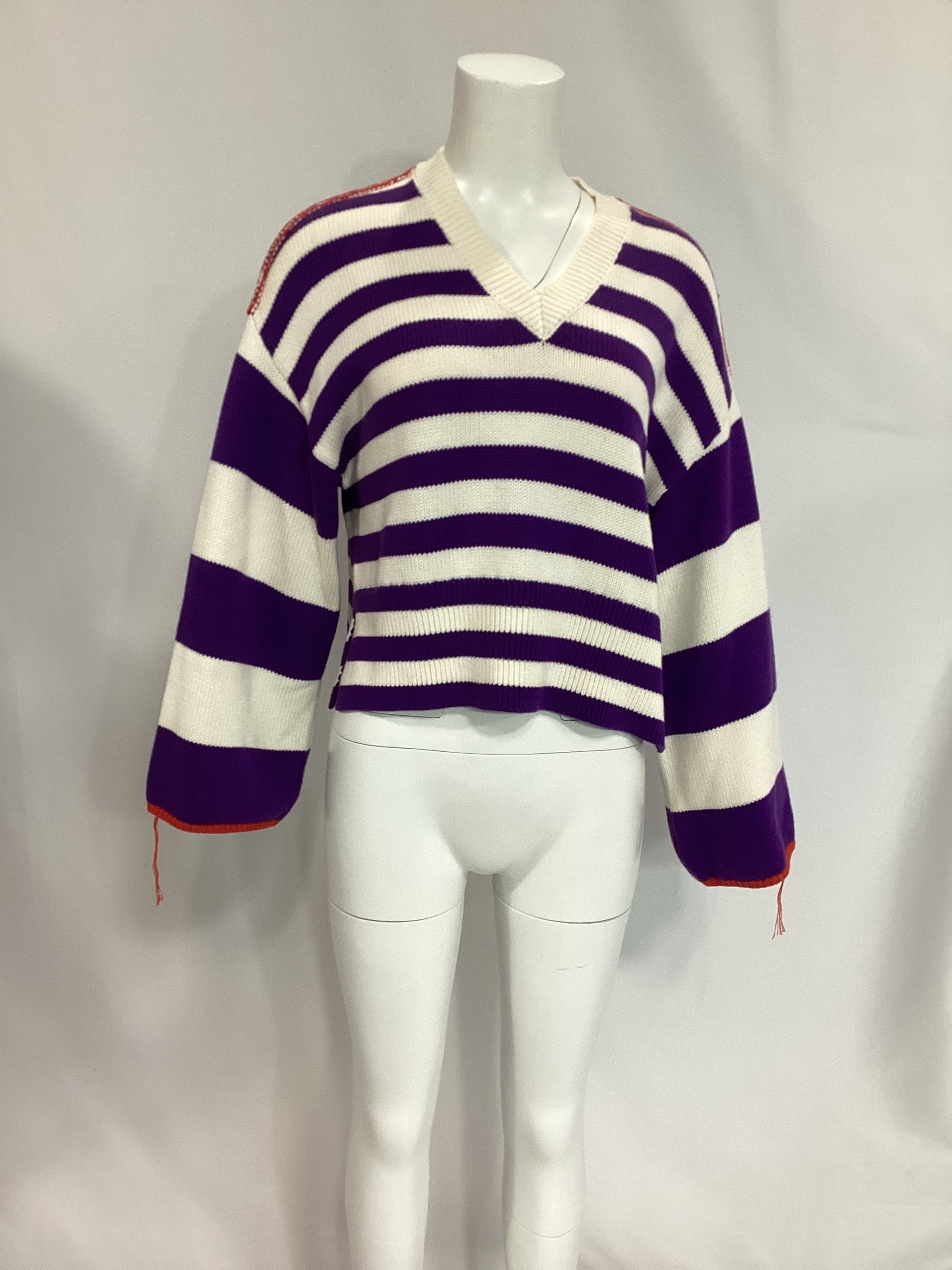 Raddix Oversize Striped V Neck In Ivory & Purple - Image 2
