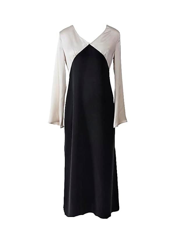 Mood Silk Bias Cut Long Sleeve Dress Classic Black & Sand - Neutrals - Image 1