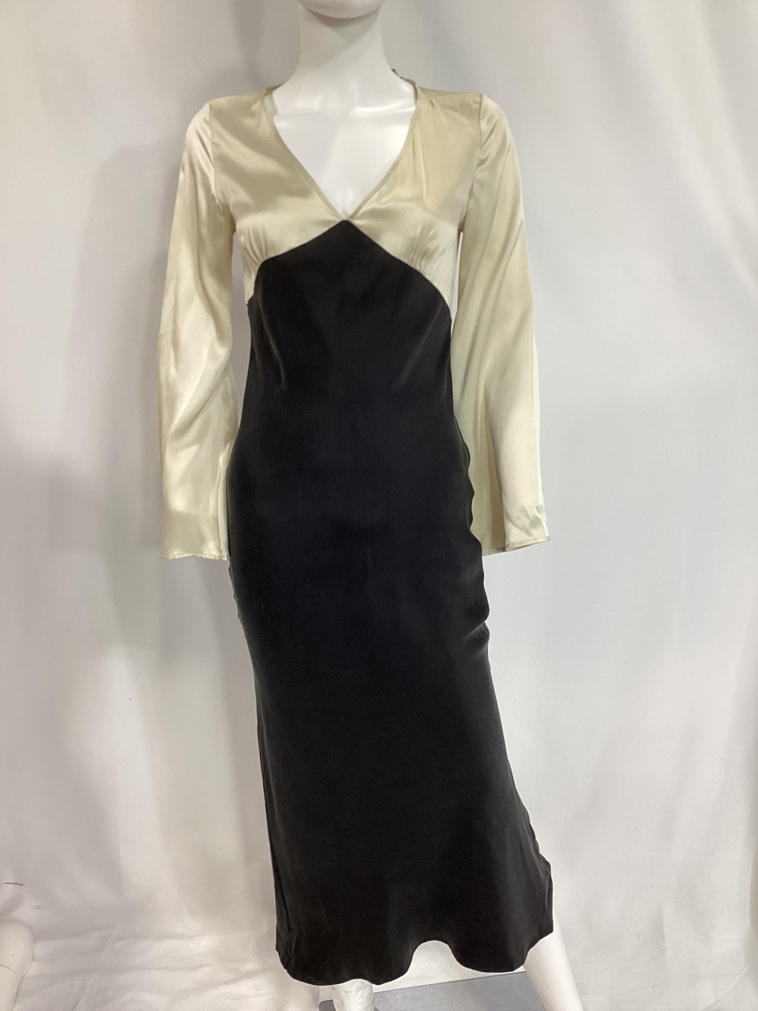 Mood Silk Bias Cut Long Sleeve Dress Classic Black & Sand - Neutrals - Image 3