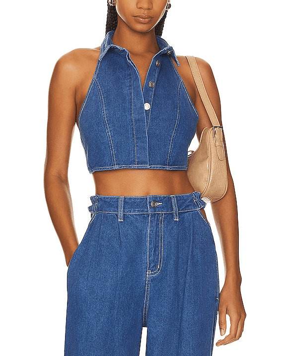 Advance Denim Crop Shirt In Mid Blue - Image 1