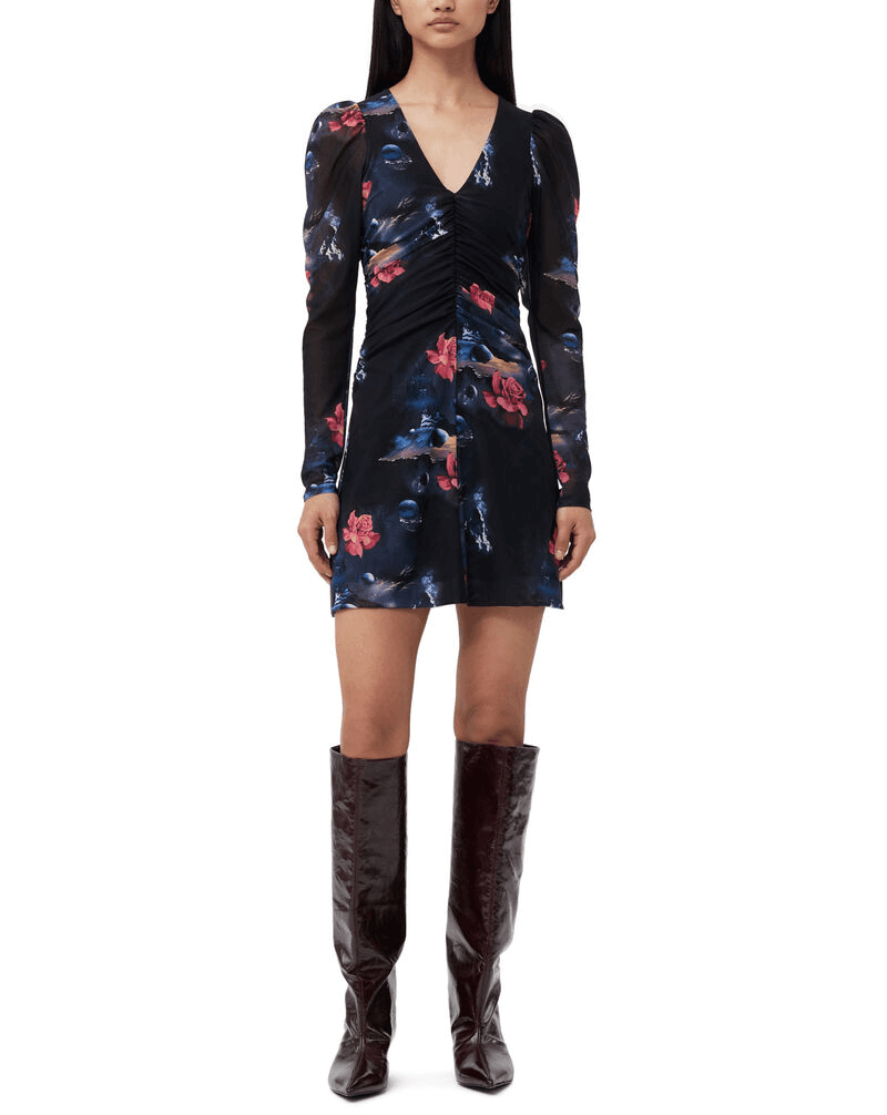 Printed Mesh Gathered Mini Dress - Image 1