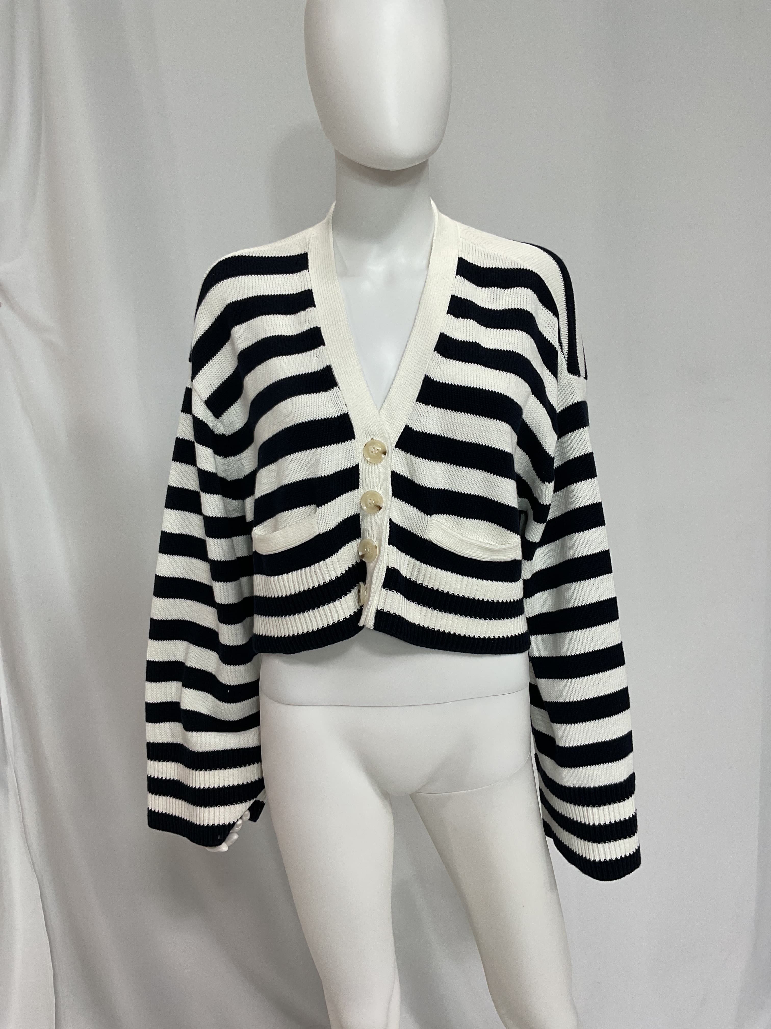 Ragnar Striped Boxy Cardigan In Ivory & Navy - Image 2