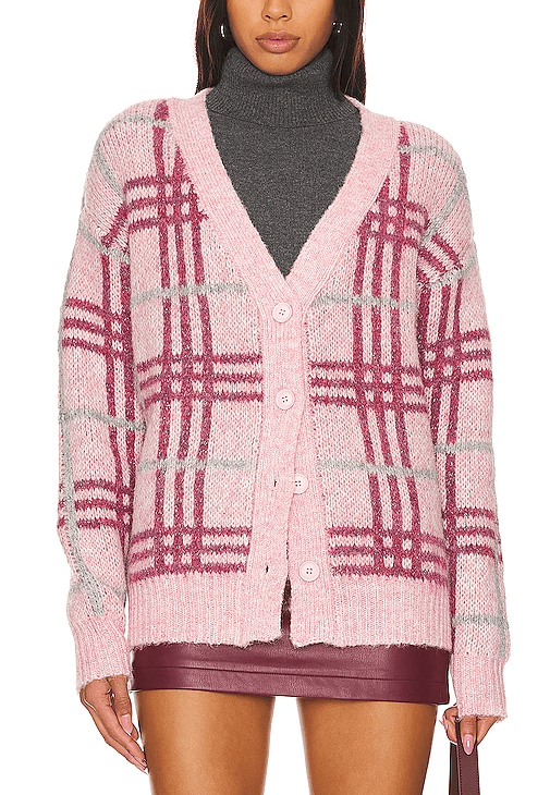 Damia Plaid Cardigan In Pink Plaid - Image 1