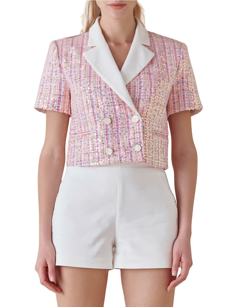 Sequins Tweed Short Sleeve Blazer - Image 1