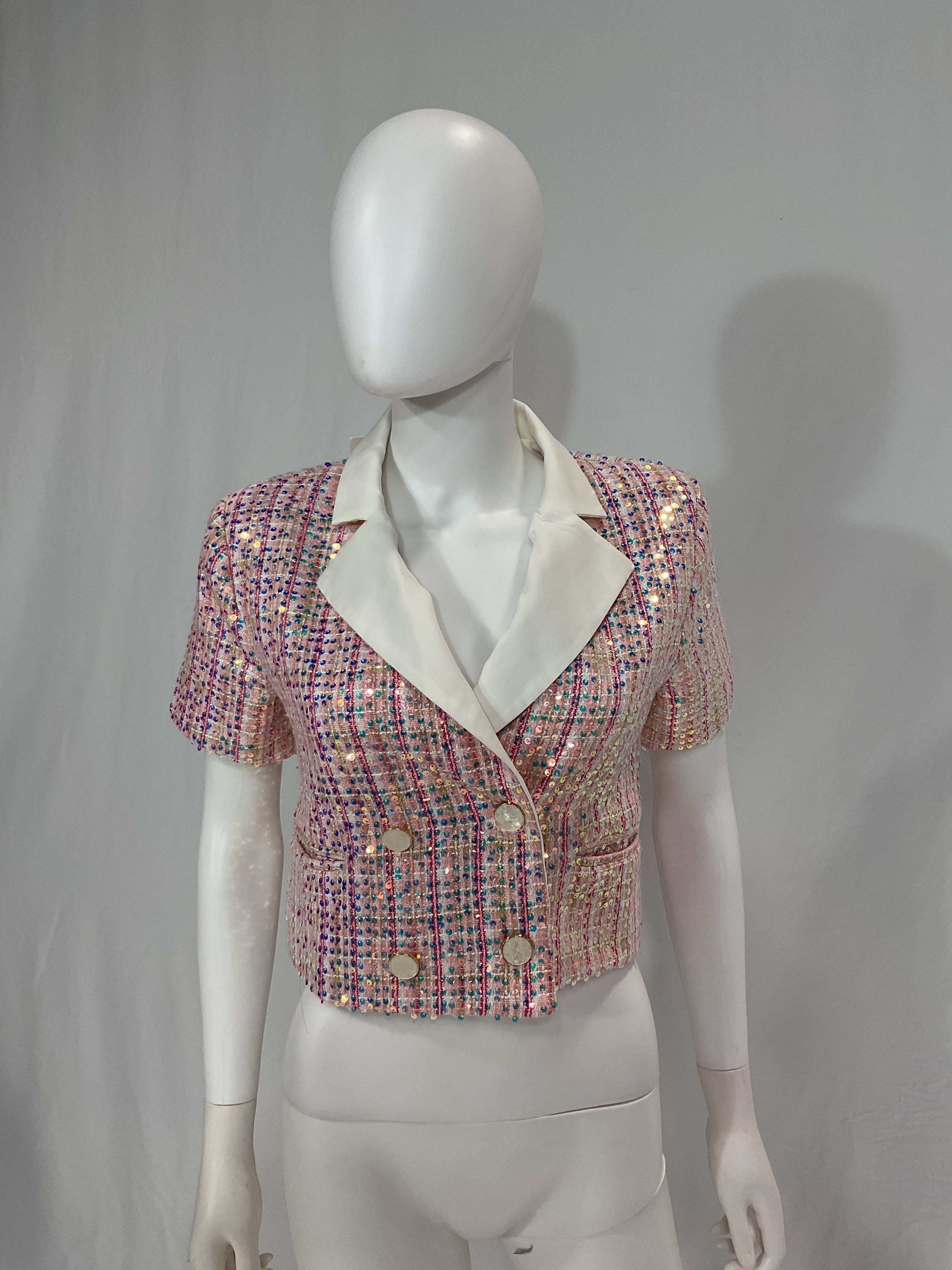Sequins Tweed Short Sleeve Blazer - Image 4