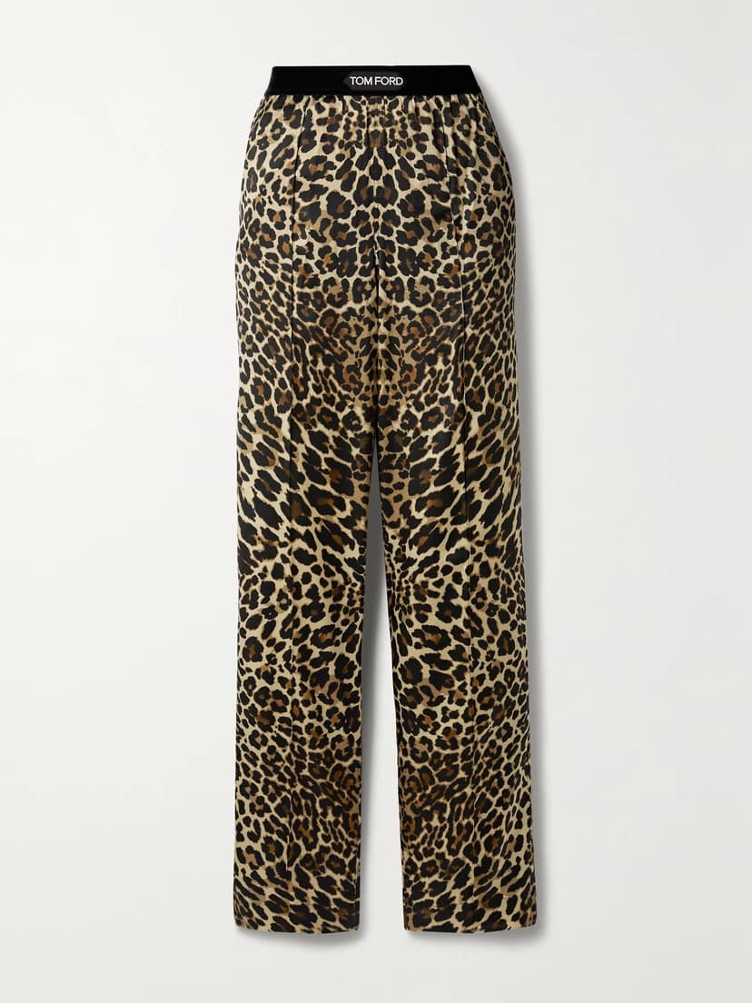 Velvet-Trimmed Leopard-Print Stretch-Silk Satin Pants - Image 1