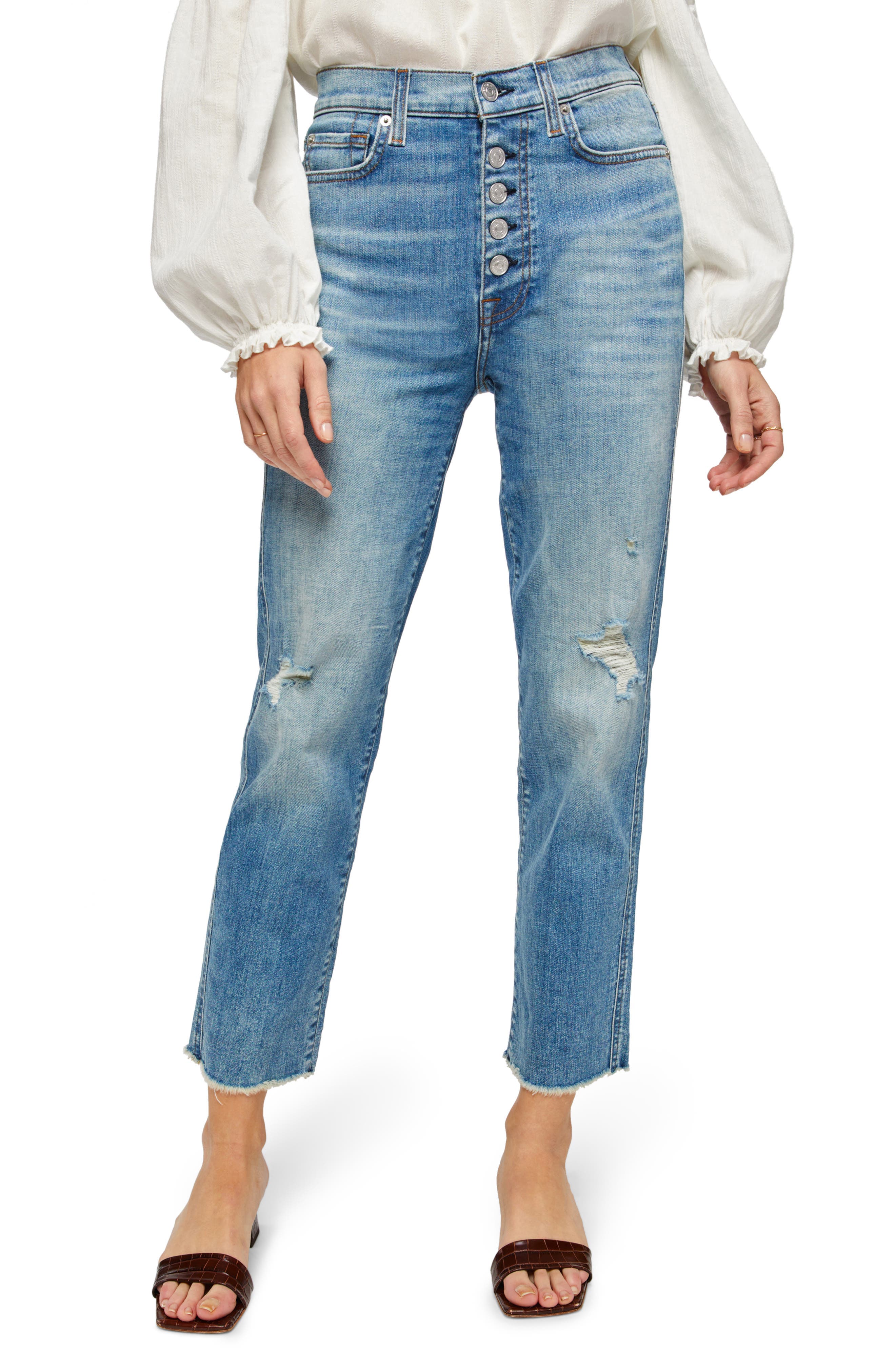 7 For All Mankind Distressed High Waist Exposed Button Fly Crop Jeans - Image 1