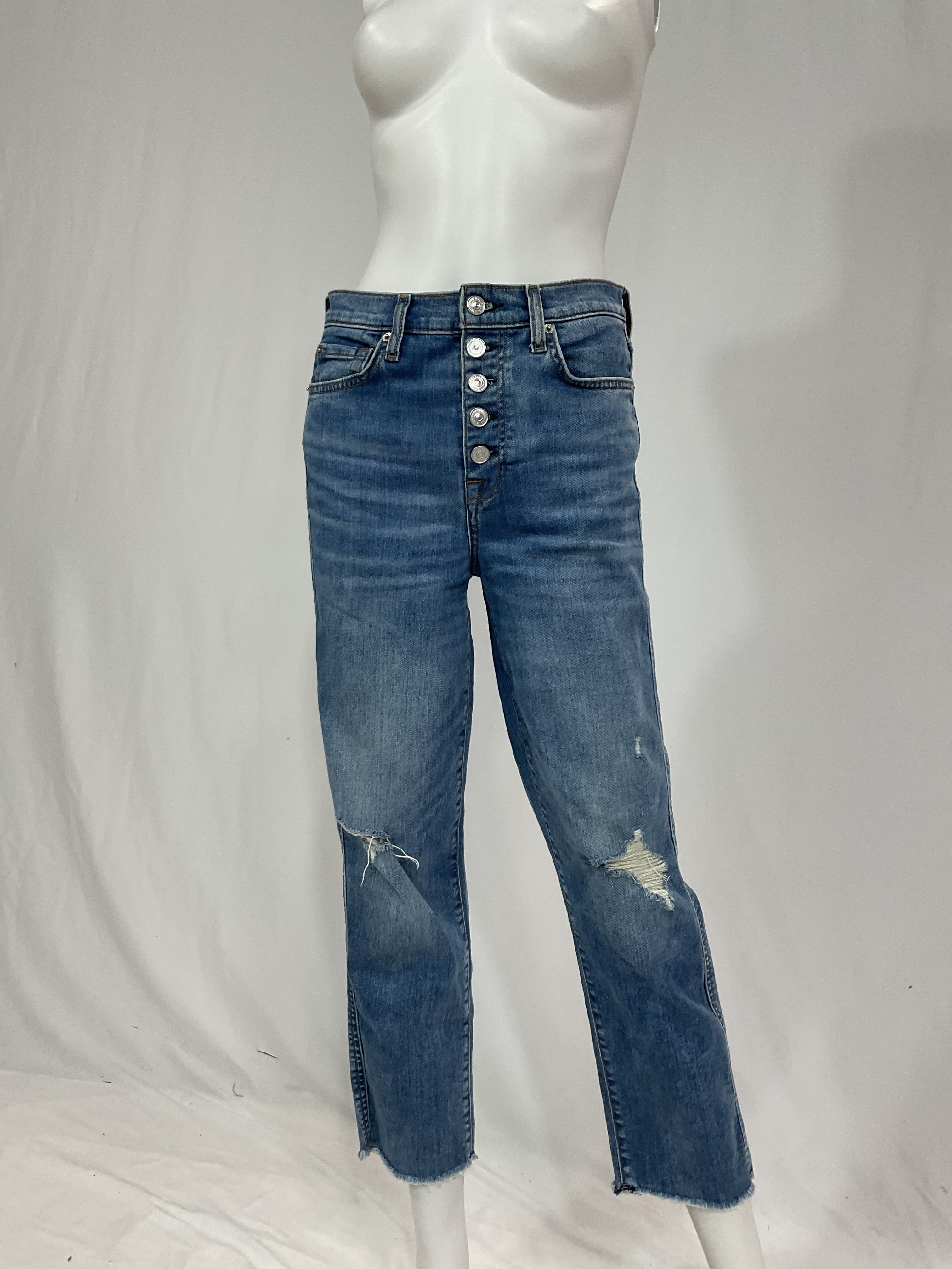 7 For All Mankind Distressed High Waist Exposed Button Fly Crop Jeans - Image 4