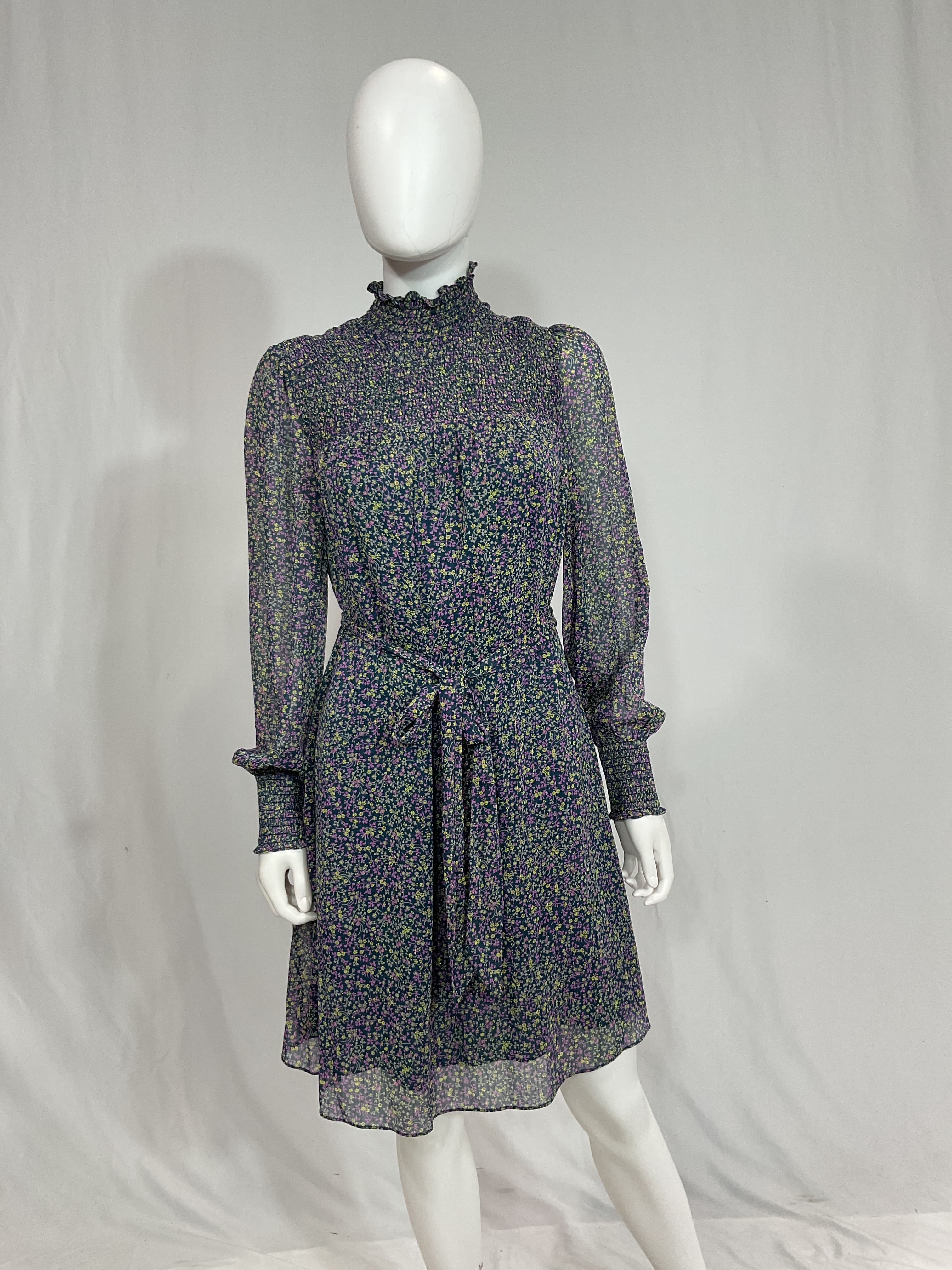 Metallic Stripe Floral Long Sleeve Smock Mock Neck Dress - Image 3