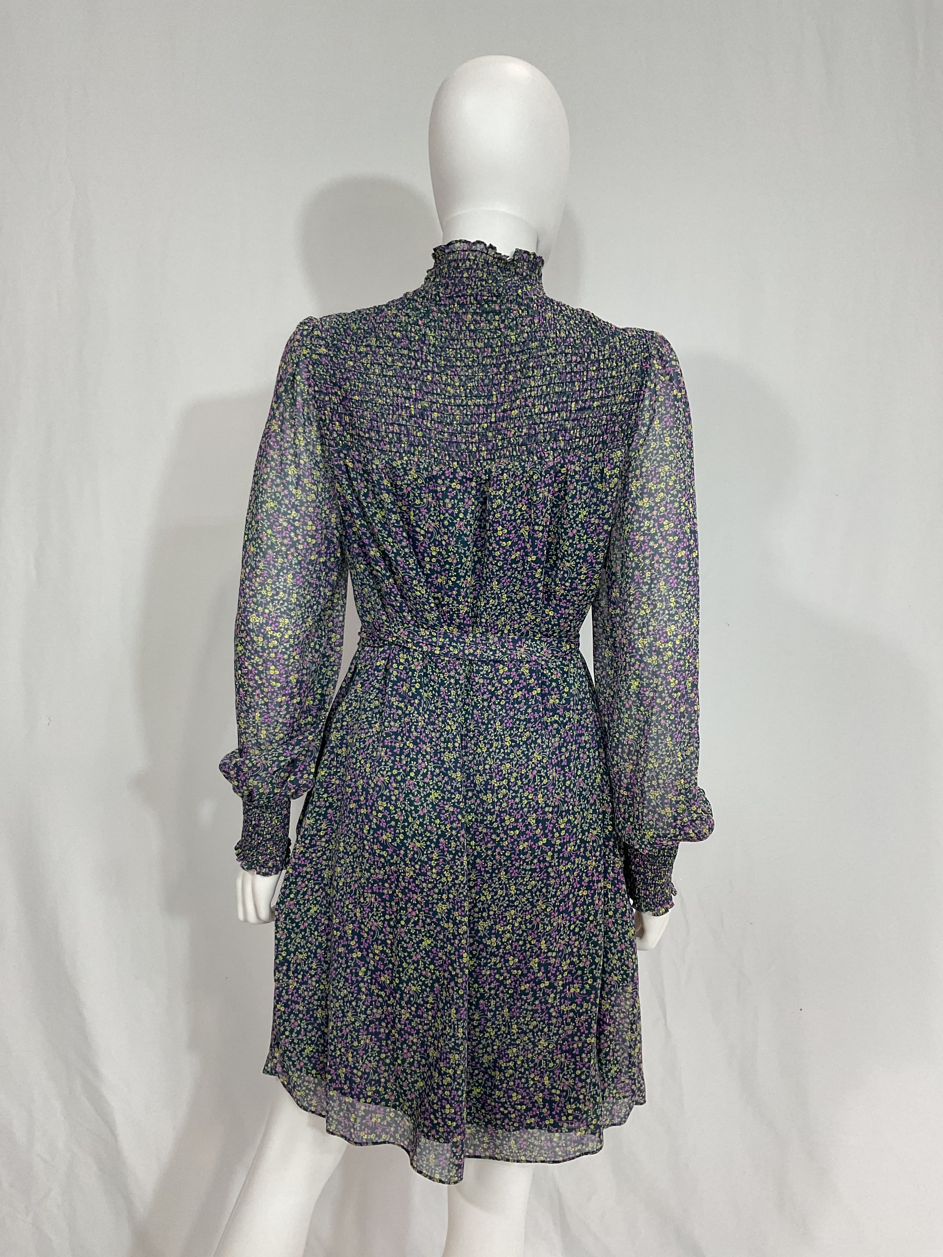 Metallic Stripe Floral Long Sleeve Smock Mock Neck Dress - Image 4