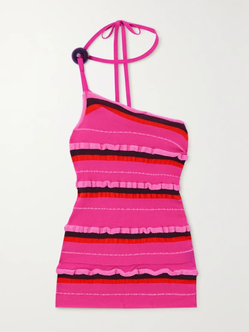 Concha Embellished One-Shoulder Ruched Striped Seersucker Top - Image 1