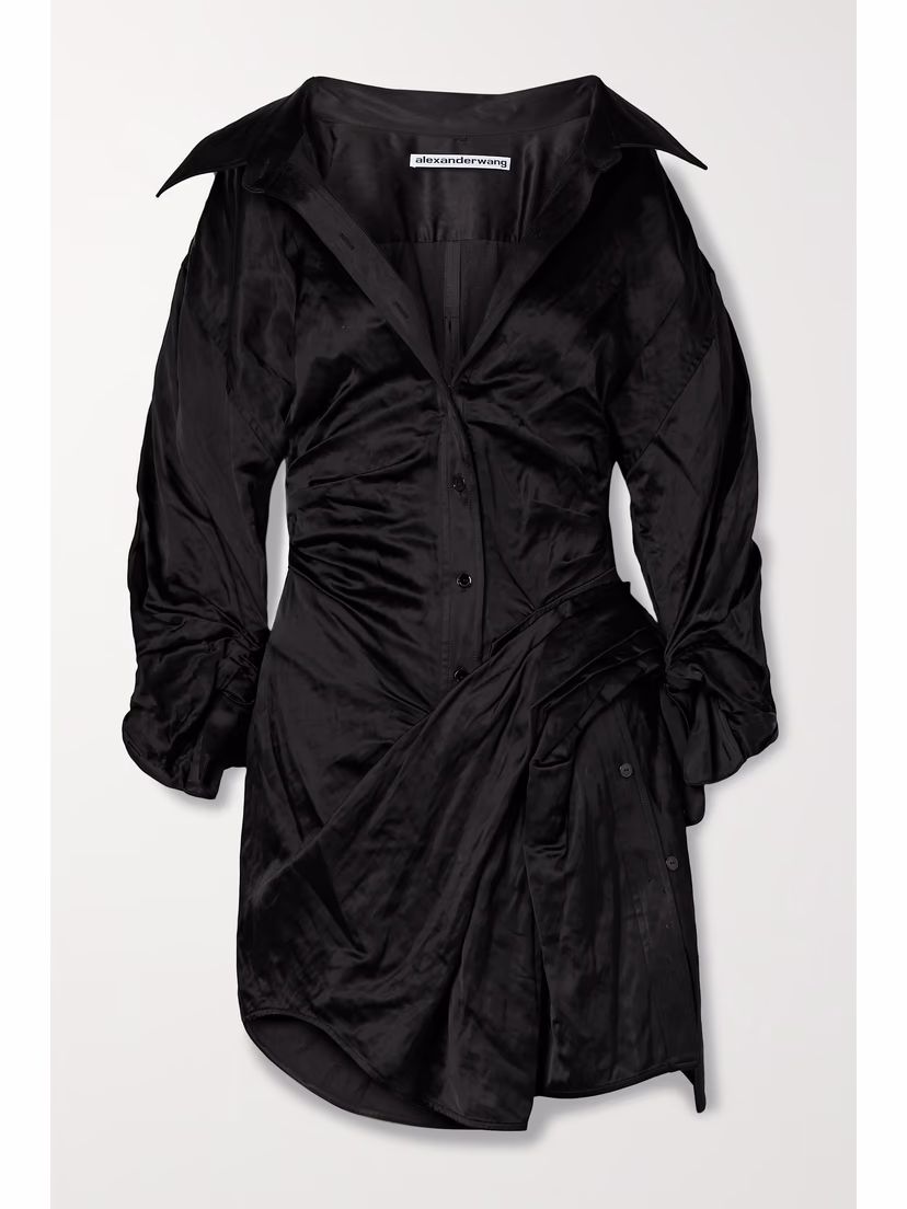 Ruched Crinkled-Satin Mini Shirt Dress - Image 1
