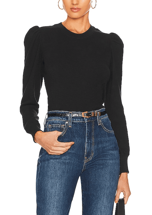 Blair Waffle Knit Puff Sleeve Pullover In Black - Image 1