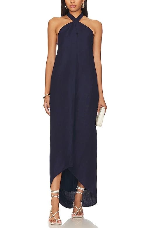 Air Linen Halter Maxi Dress In Deep Navy - Image 1