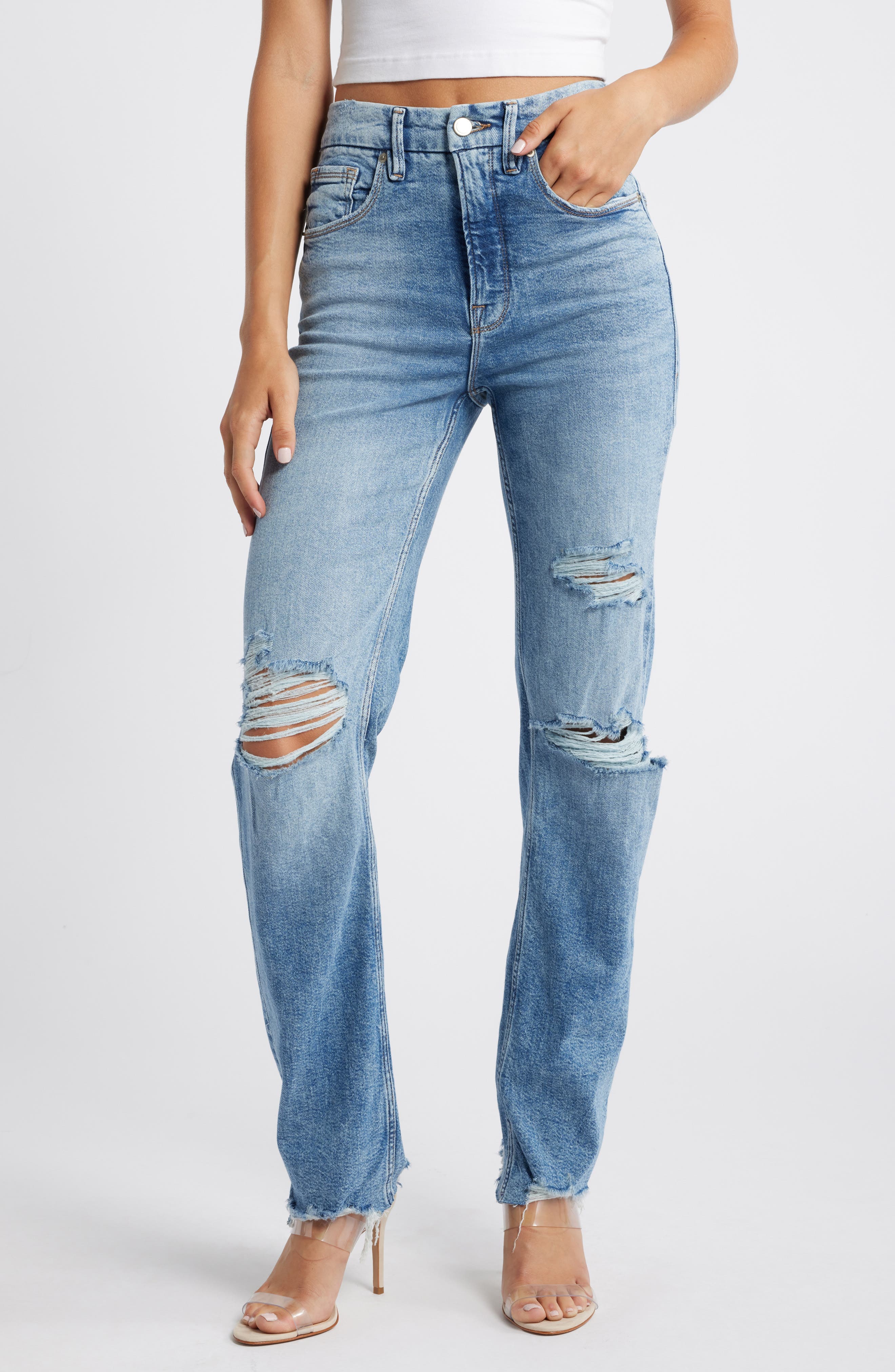 Good Icon High Waist Ripped Straight Leg Jeans - Image 1