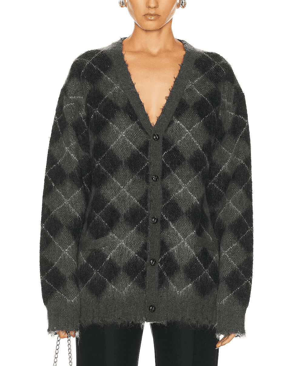 Fluffy Plaid Oversized Distressed Edge Cardigan In Charcoal & Black - Image 1